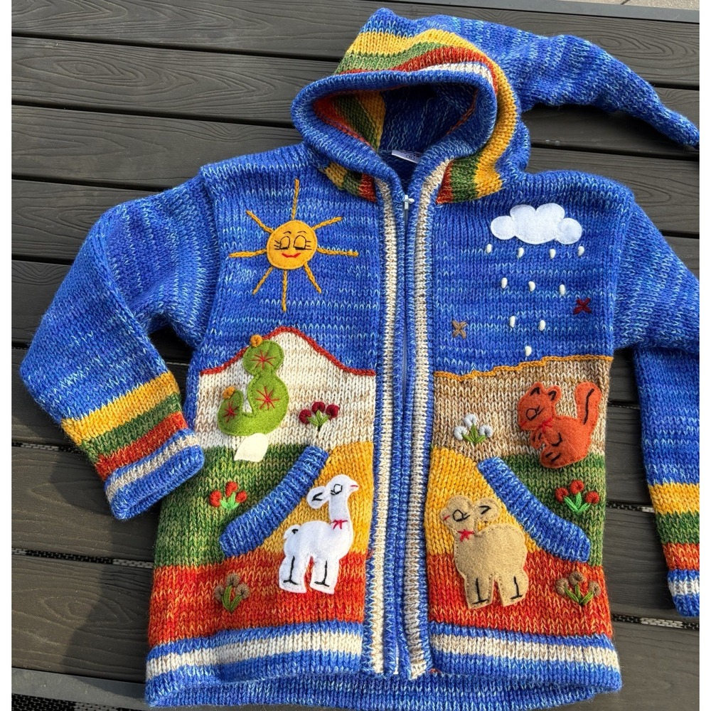 Hand-embroidered Peruvian children's hooded sweater cardigan Size 6